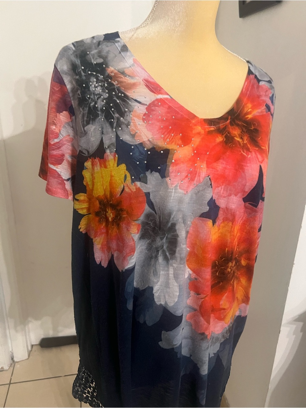 Floral V-Neck Tunic Top in Navy with Coral & Yellow Blooms